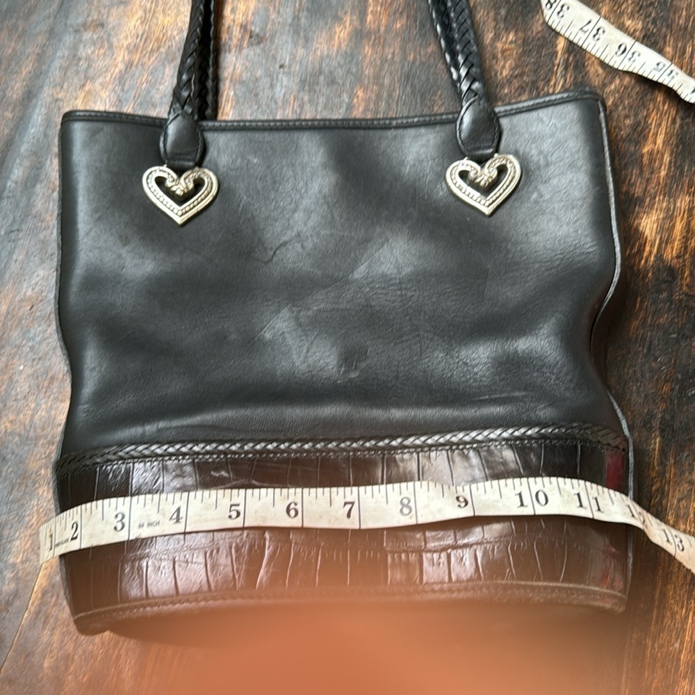 Brighton Black Leather Tote Bag Croc Embossed Trim Braided Straps Heart Hardware - Picture 15 of 16
